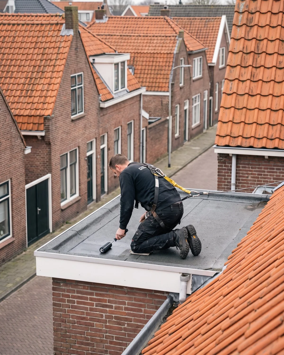 Vakman van E&E Daksysteem controleert dakbedekking op plat dak